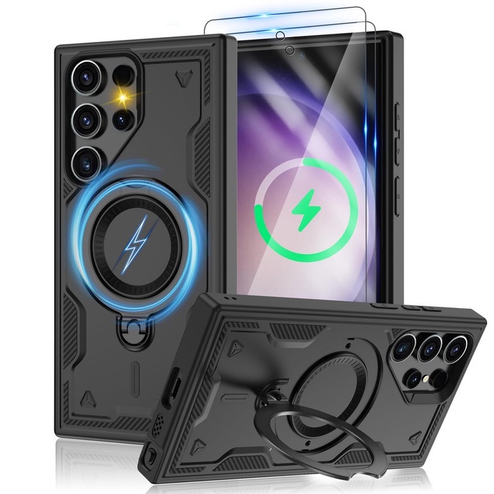 Husa pentru Samsung Galaxy S24 Ultra&[Protector de ecran HD×2][Anti-amprenta], Compatibil cu Magsafe, suport metalic rotit la 360°, protectie antisoc de calitate militara, 6.8 Inch, Negru