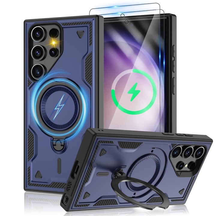 Кейс за Samsung Galaxy S25 Ultra&[HD протектор за екран×2][Против пръстови отпечатъци], съвместим с Magsafe, въртяща се на 360° метална стойка, удароустойчив клас, 6.9 инча, син
