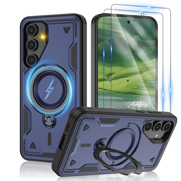 Калъф за Samsung Galaxy S25 Plus/S24-Plus и [HD протектор за екран × 2] [Против пръстови отпечатъци], съвместим с Magsafe, въртяща се на 360° метална стойка, удароустойчив клас, 6.7 инча, син
