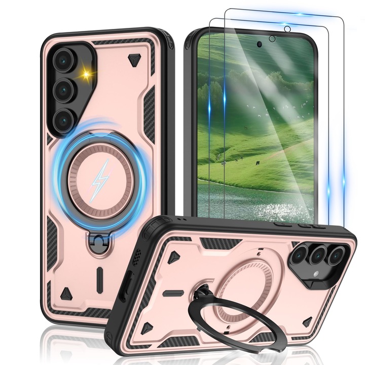 Калъф за Samsung Galaxy S25/S24 &[HD протектор за екран×2][Против пръстови отпечатъци], съвместим с Magsafe, въртяща се на 360° метална стойка, удароустойчив клас, 6.2 инча, розово злато