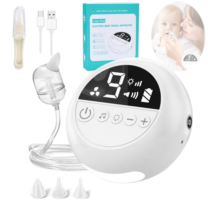 Elektromos orrszívó, csecsemőknek és gyermekeknek is alkalmas, hordozható, 9 szívási fokozat, 3 tipp, zene a gyerekek figyelmének elterelésére, csendes, éjszakai fény, LED kijelző, 2500 mAh-s akkumulátor, fehér