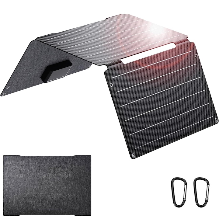 Panou solar pliabil monocristalin, 21W, IP68, Eficienta 23%, Dublu USB, USB-A Quick Charge, Portabil, Compatibil cu iPhone, iPad, Samsung, LG