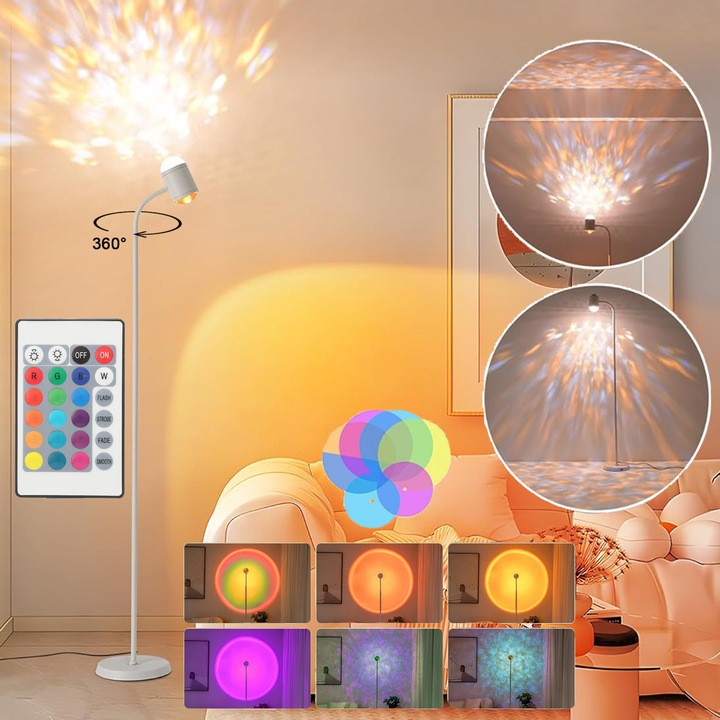 LED подова лампа-проектор, Puepoul, 16 цвята с възможност за димиране, 155 X 20 см, с променящ се цвят залез, океанска вълна, двустранно осветление, въртене на 360°, дистанционно управление, бяло