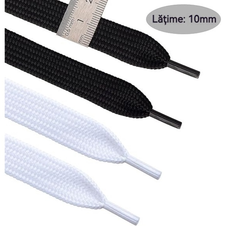 Sireturi plate pentru adidași, set de 2 perechi, negru/alb, 10mm x 100cm