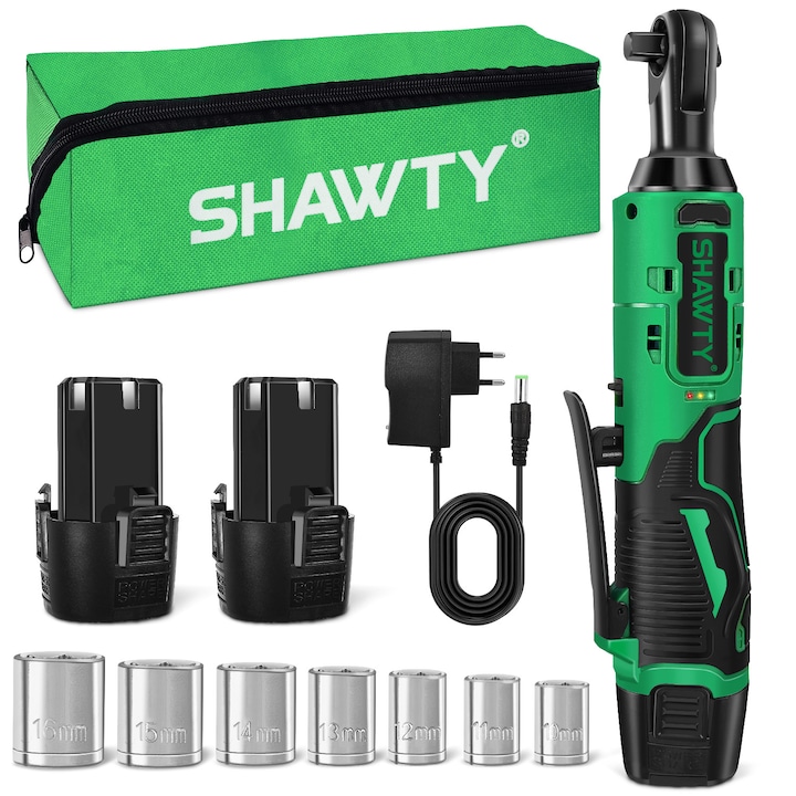 Електрическа тресчотка 3/8", Shawty®, S0005, 46Nm, 400 RPM, 1500mAh, 7 гнезда включени, 2 батерии и зарядно устройство, идеална за ремонт на автомобили, мощна и прецизна, черно/зелено
