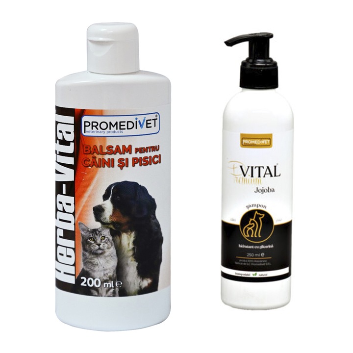 Pachet Sampon Premium Vital Jojoba cu Glicerina, pentru Caini si Pisici, ajuta la vindecarea cicatricelor, hidrateaza, beneficii antibacteriene si antioxidante, antiinflamatorii, calmeaza pielea afectata de arsuri solare, 250 ml si Balsam 200 ml