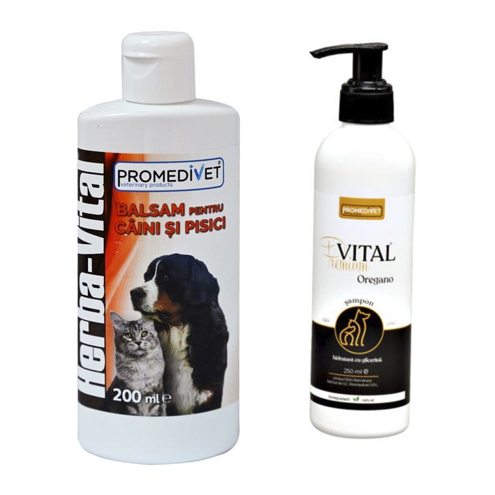 Pachet Sampon Premium Vital Oregano, cu Glicerina, pentru Caini si Pisici. Oregano are proprietati antibacteriene, previne si reduce infectiile virale si fungice, scade inflamatiile, inlatura excesul de grasimi si mirosurile neplacute si Balsam 250+200ml