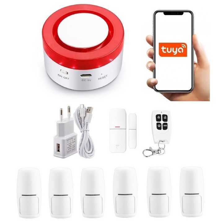 Sirena de interior wireless cu avertizare optica si sonora Wifi, Tuya Smart, 6xPIR, Alb