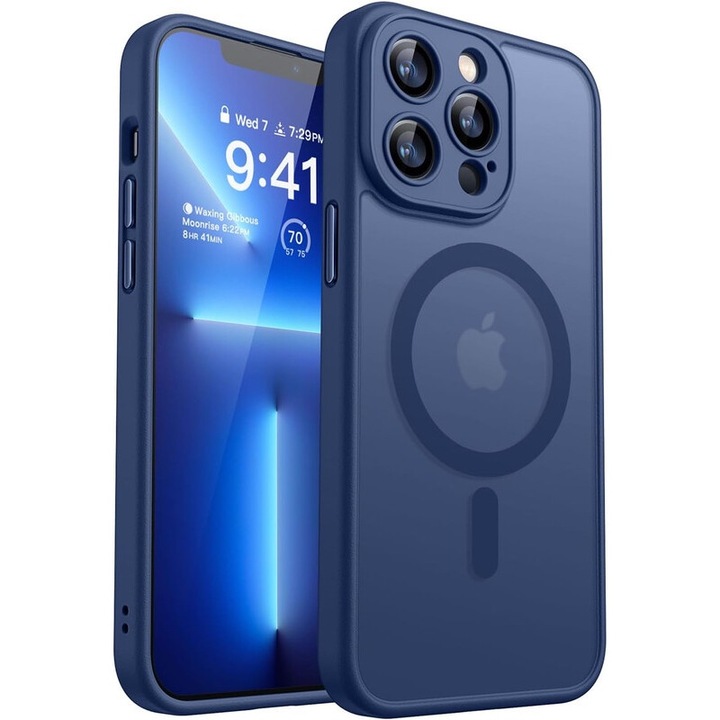 MagSafe kompatibilis tok Apple iPhone 13Pro | Vékony kialakítás emelt élekkel és teljes kameralefedettséggel | Integrált mágneses rendszer | Vezeték nélküli töltés támogatása | Sötét kék