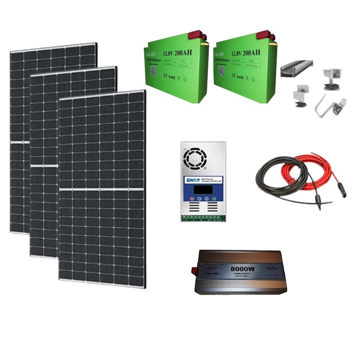 Sistem fotovoltaic OFF-GRID complet 1.2Kw 24 V, cu 3 panouri fotovoltaice 405W, baterii LiFePO4 200Ah, invertor SINUS PUR 8000W, regulator/controller solar Easun 60A, structura prindere acoperis si cabluri, Solid Volt