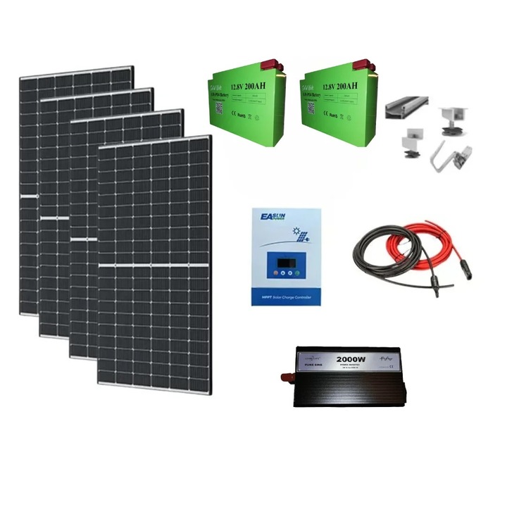 Sistem fotovoltaic OFF-GRID complet 1.6Kw 24 V, cu 4 panouri fotovoltaice 405W, baterii LiFePO4 200Ah, invertor SINUS PUR 2000W, regulator/controller solar Easun 100A, structura prindere acoperis si cabluri, Solid Volt