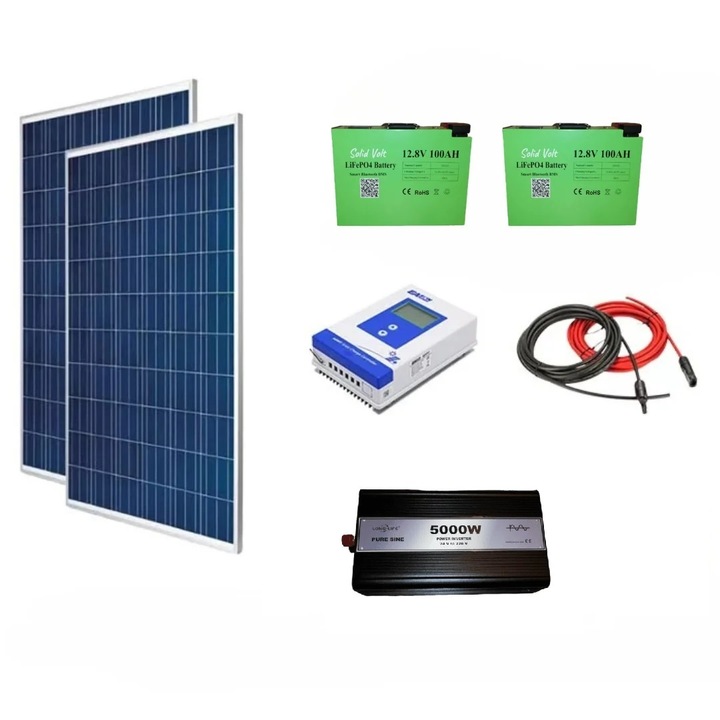 Sistem fotovoltaic OFF-GRID complet 560 W 24 V, 2 panouri fotovoltaice policristaline 280W, baterii LiFePO4 100Ah, invertor SINUS PUR 5000W, regulator/controller solar Easun 30A, cabluri, Solid Volt