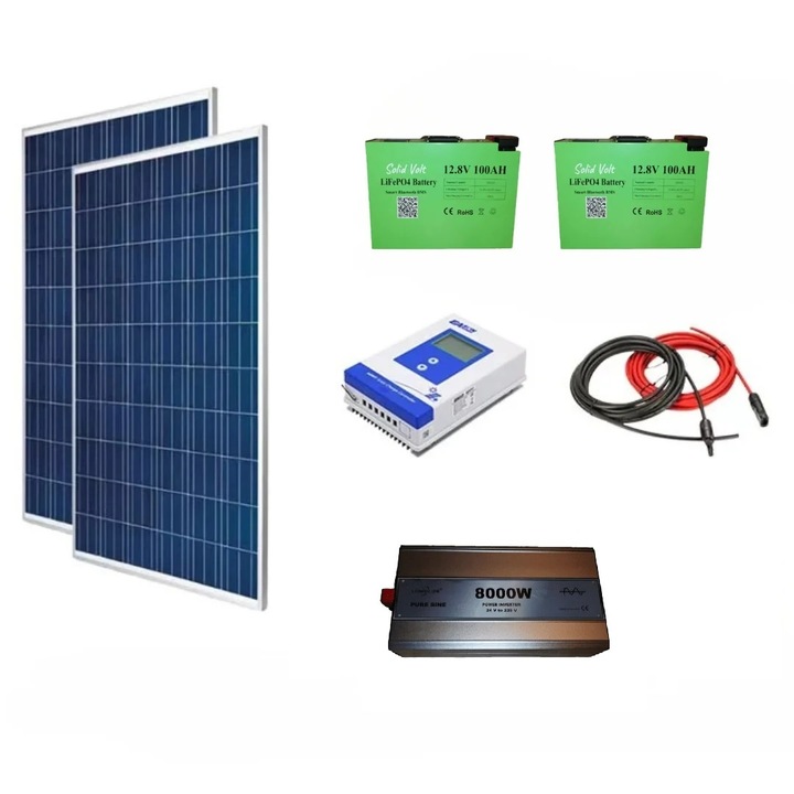 Sistem fotovoltaic OFF-GRID complet 560 W 24 V, 2 panouri fotovoltaice policristaline 280W, baterii LiFePO4 100Ah, invertor SINUS PUR 8000W, regulator/controller solar Easun 30A, cabluri, Solid Volt