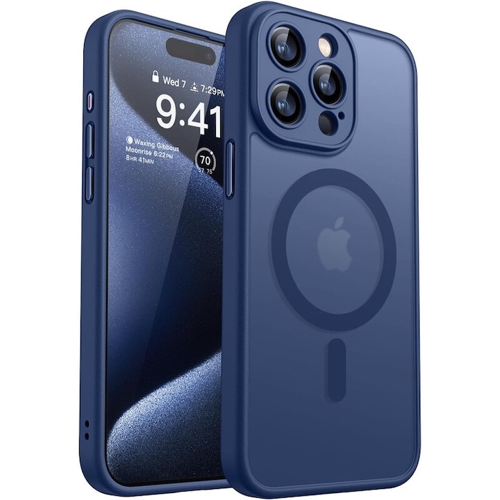 MagSafe kompatibilis tok Apple iPhone 15ProMax | Vékony kialakítás emelt élekkel és teljes kameralefedettséggel | Integrált mágneses rendszer | Vezeték nélküli töltés támogatása | Sötét kék