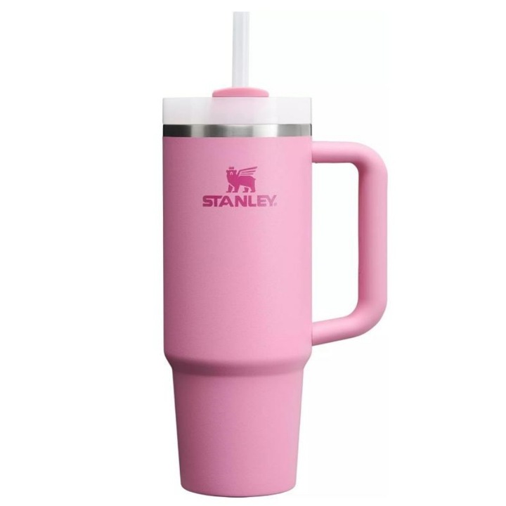 Termos Stanley Quencher H2.0 din otel inoxidabil cu capac si pai pentru scoala si birou, roz, 1,18 litri