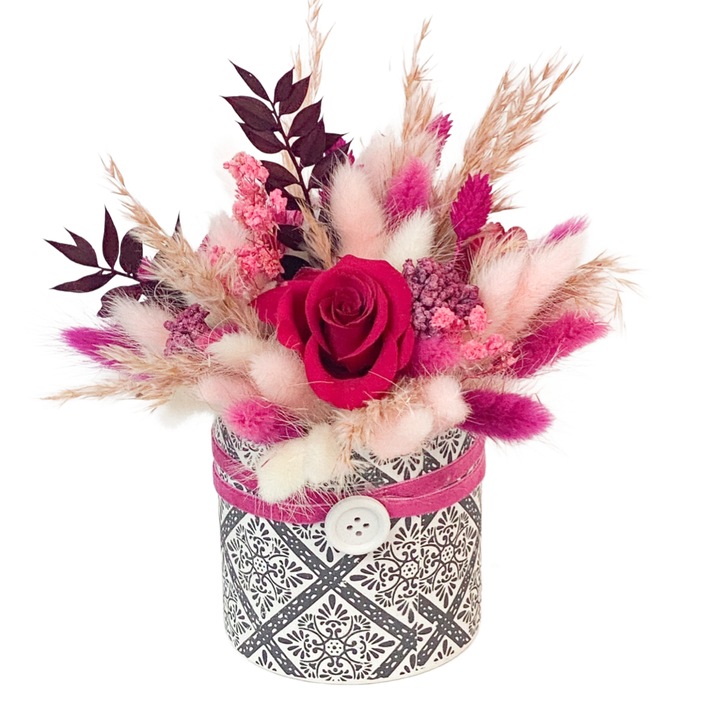 Aranjament floral cu trandafir criogenat in vas cu model negru15/18cm