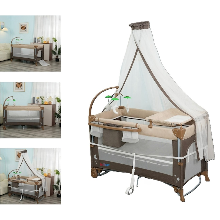 Креватче за съвместно спане KiddoTrip™GO, 5в1, С матрак и люлеещ се стол, Сгъваемо, Двуетажно легло, Център за дейности, Подвижна маса за повиване, Мрежа против комари, Джобове за съхранение, Колела, Врата с цип, Чанта за носене, Бежово/кафяво