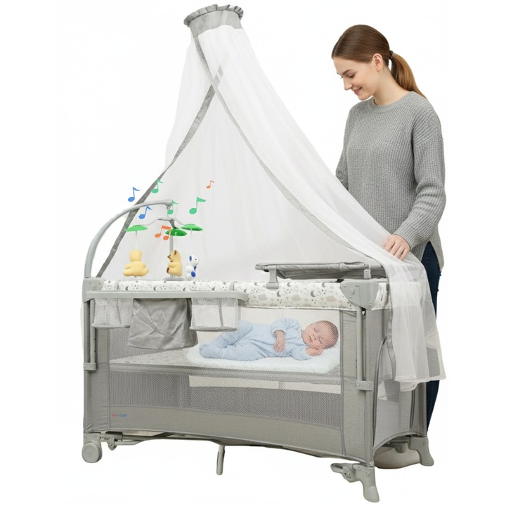 Patut Pliabil Co-Sleeper 5in1 Multifunctional KiddoTrip™GO cu Saltea si Balansoar, Supraetajat, Centru de Activitati cu Jucarii si Melodii, Masuta de Infasat Detasabila, Plasa de Tantari, Buzunare Depozitare, Roti, Usa cu Fermoar, Geanta Transport, Grey