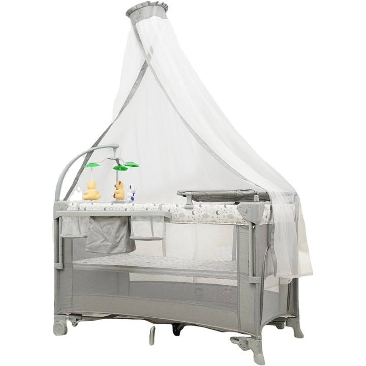 Мултифункционално сгъваемо креватче KiddoTrip GO 5в1, за съвместно спане с матрак и люлка, двуетажно легло, център за дейности с играчки и мелодии, подвижна маса за повиване, мрежа против комари, джобове за съхранение, колела, врата с цип, сива