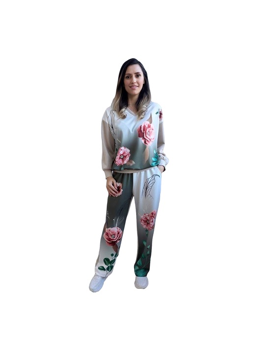 Compleu Dama, Vascoza, Material Extra Fin, Alb cu Trandafiri