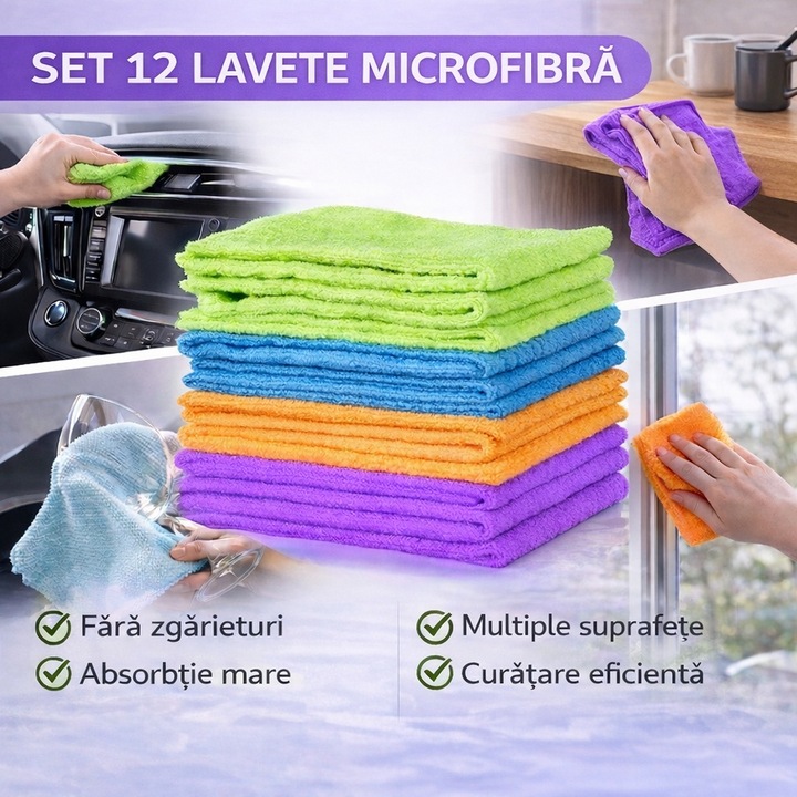 Lavete microfibra Set 12 Buc, 30x30 Cm, Suprafata Universala, Curatare fara detergent, Multicolor