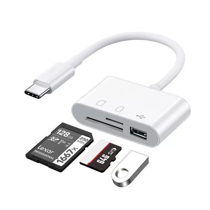 3 az 1-ben Lightning / USB Type-C – USB 3.0 OTG adapter, SD és MicroSD kártyaolvasóval, kompatibilis Apple iPhone, iPad, MacBook, Samsung, Huawei, Xiaomi, laptopokkal és telefonokkal