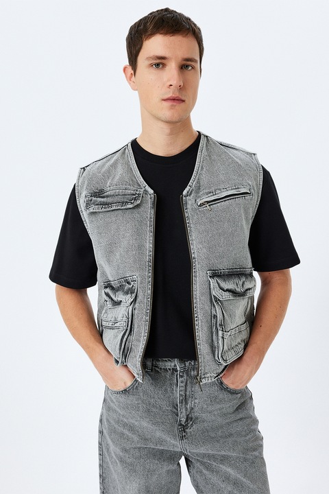 KOTON, Vesta din denim cu buzunare multiple, Gri melange, S