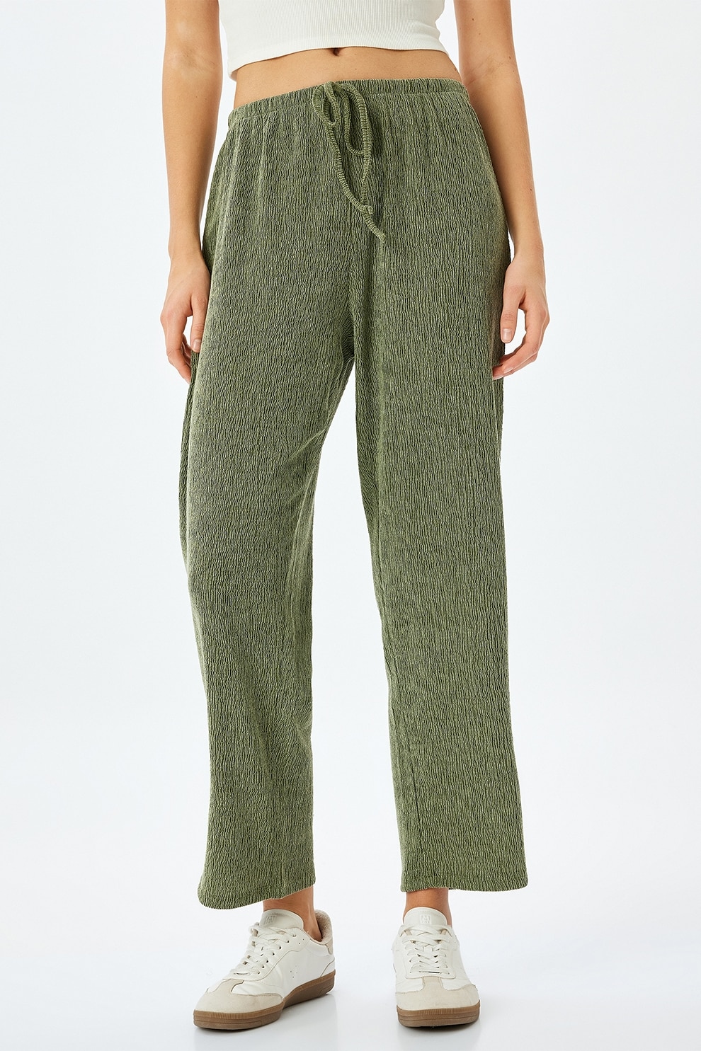 KOTON, Pantaloni texturati cu talie medie, Verde spranghel, M