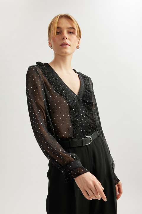 KOTON, Bluza transparenta cu decolteu in V, Alb/Negru