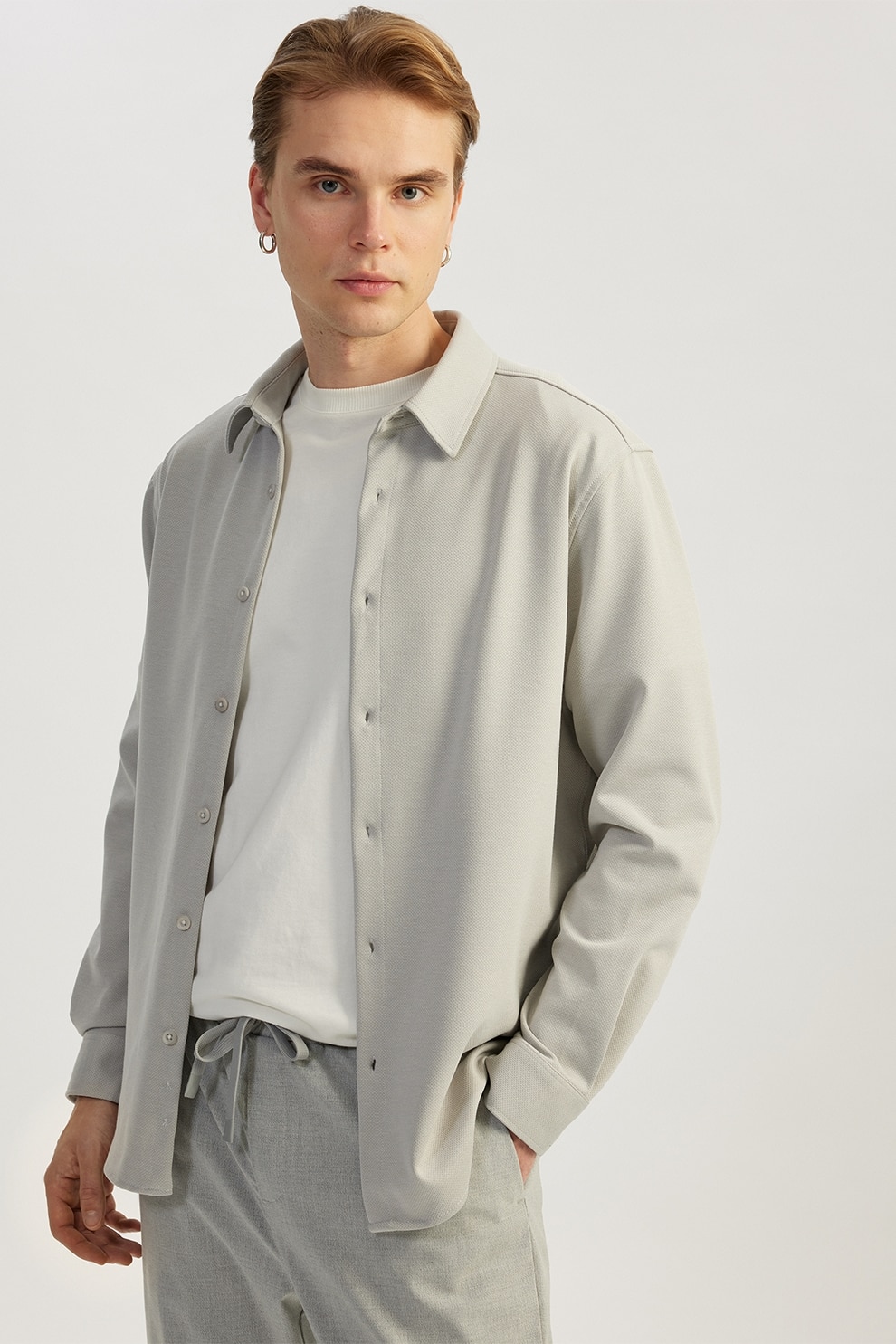 KOTON, Camasa cu nasturi si maneci lungi, Gri deschis, S