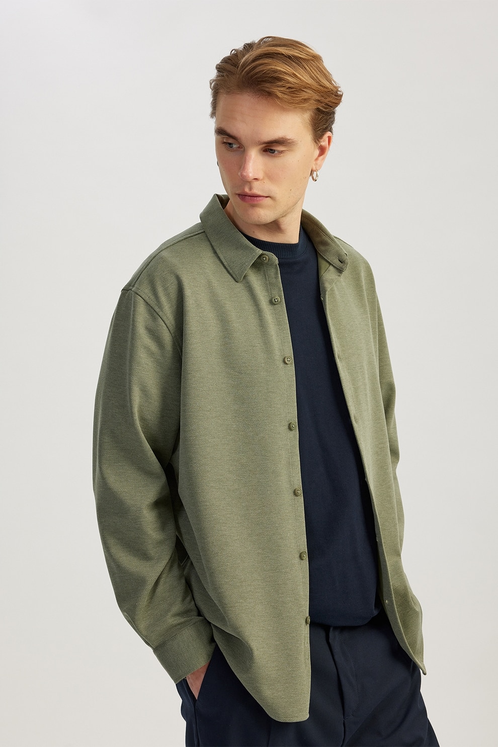 KOTON, Camasa cu nasturi si maneci lungi, Verde feriga, XL