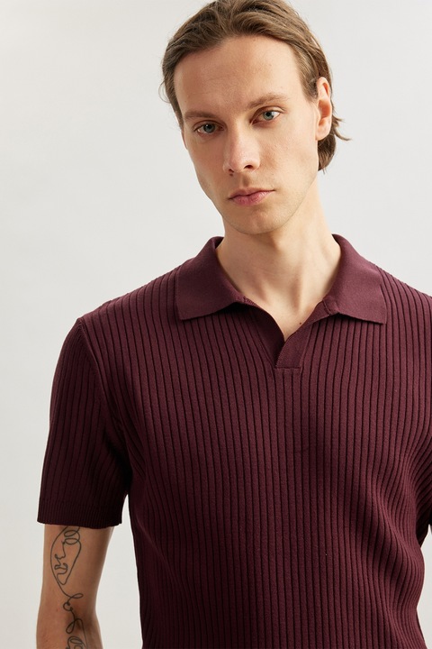 KOTON, Pulover polo cu model texturat, maneci scurte si decolteu in V, Visiniu