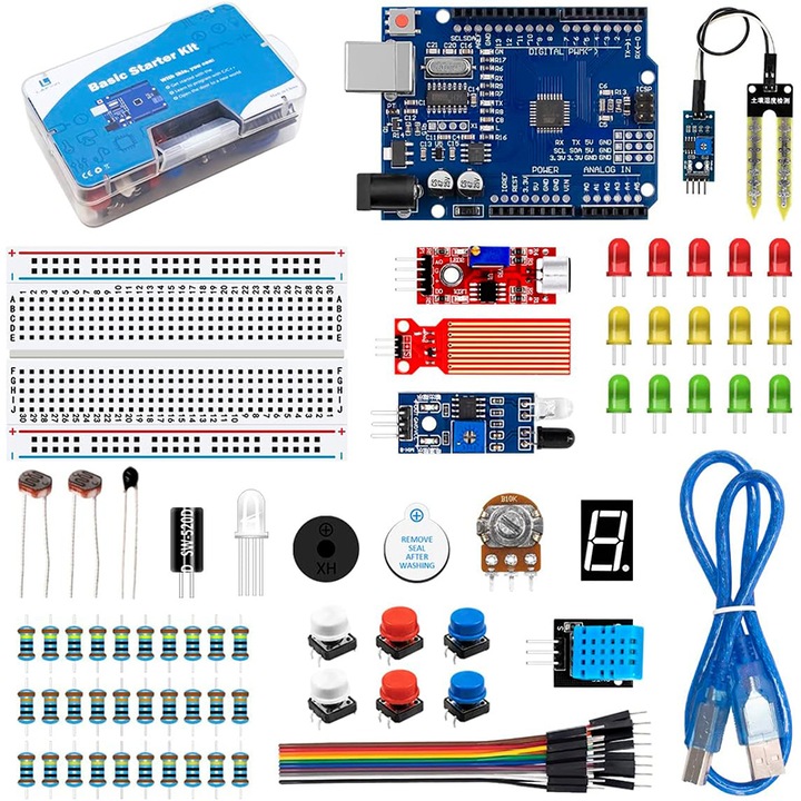 Kit de programare, Rqiurpn, Placa R3, Breadboard, senzor umiditate sol, Pentru incepatori, Display, Multicolor