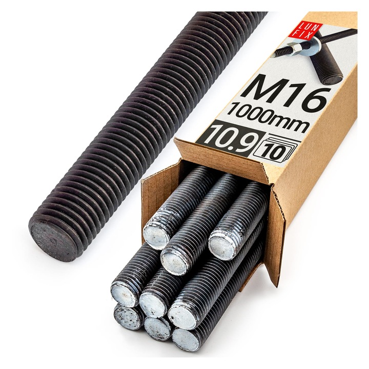 Ax tij filetat Lun Fix, M16 negru 1000 mm clasa 10.9 10 buc