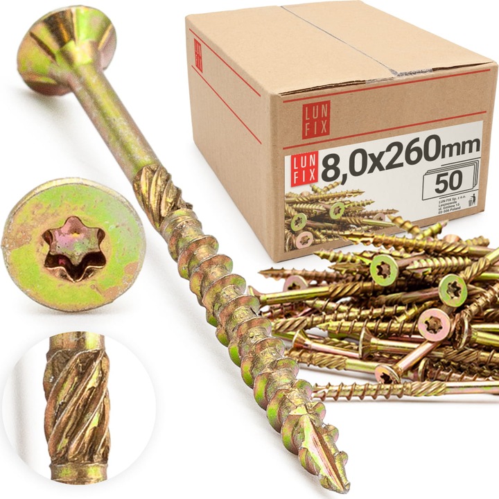 Suruburi conice de tamplarie, Lun Fix, 8x260 pentru lemn KMWHT 50 buc