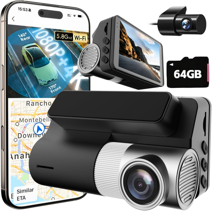 Автомобилна камера DVR 4K+1080P ESL от Essential Level®, WiFi, нощно виждане WDR&HDR, 3-инчов IPS HD дисплей, G-сензор, 170° ъгъл на запис, наблюдение на паркиране, приложение, цикличен запис, откриване на движение, 64GB карта с памет