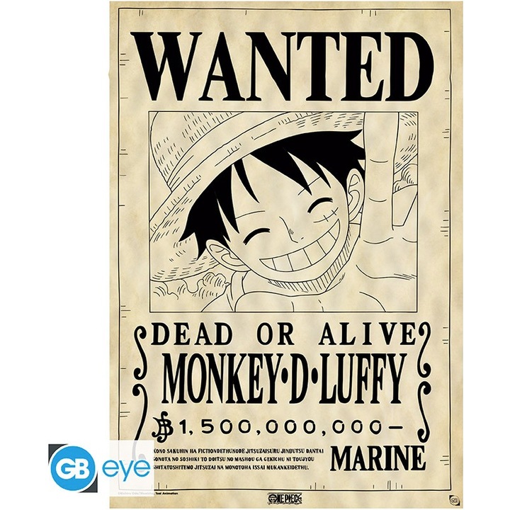 Poster - One Piece - Wanted Luffy, Bej, 66 x 46 cm