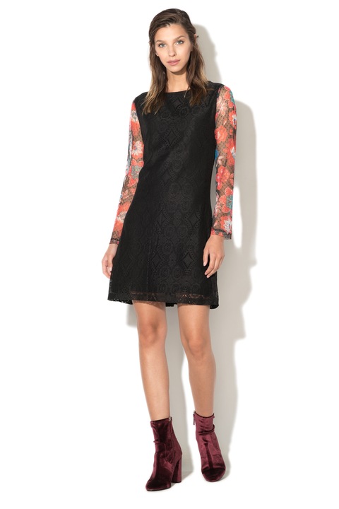 DESIGUAL, Rochie din dantela cu maneci de plasa cu model floral Pichi, Negru