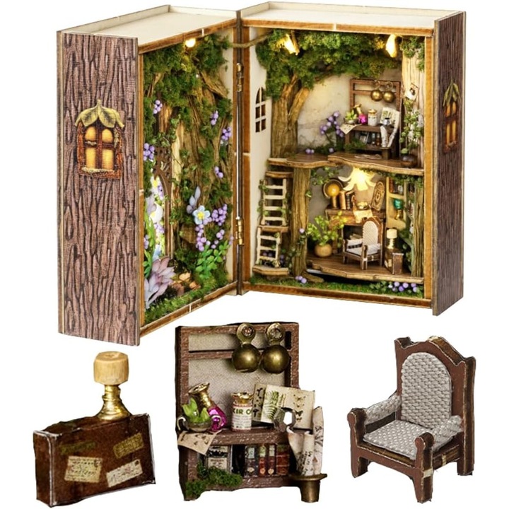 3D fa puzzle készlet, WALALLA, miniatűr ház bútorokkal, polc díszítéssel, halvány barna színű, felnőtteknek