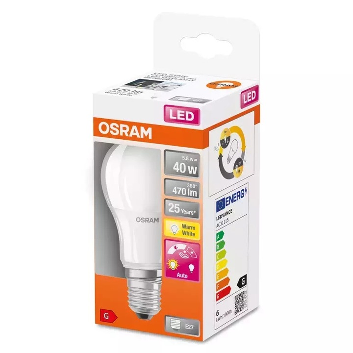 LED DAYLIGHT SENSOR CLASSIC A E27 5, 7W =40W 2700K 470lm szürkületérzékelővel Osram