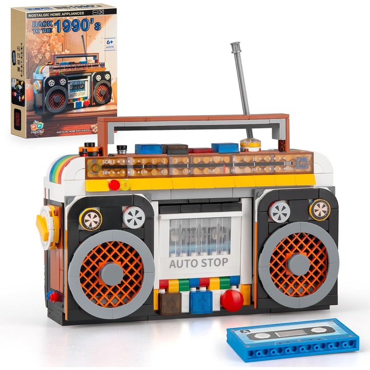 Set de blocuri de constructie, WALALLA, Seria Retro Radio Classic, 554 piese, Kit de model mini, Jucarie cadou DIY, 16×5×11cm, Maro