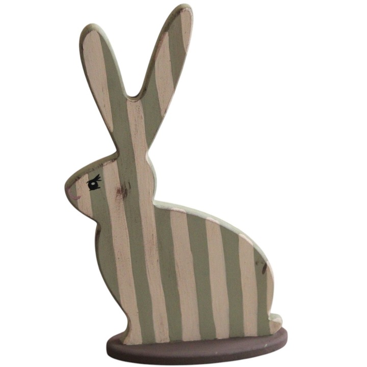 Decoratiune de Paste Iepuras, din lemn, pictat manual, verde, crem, maro, inaltime 27 cm