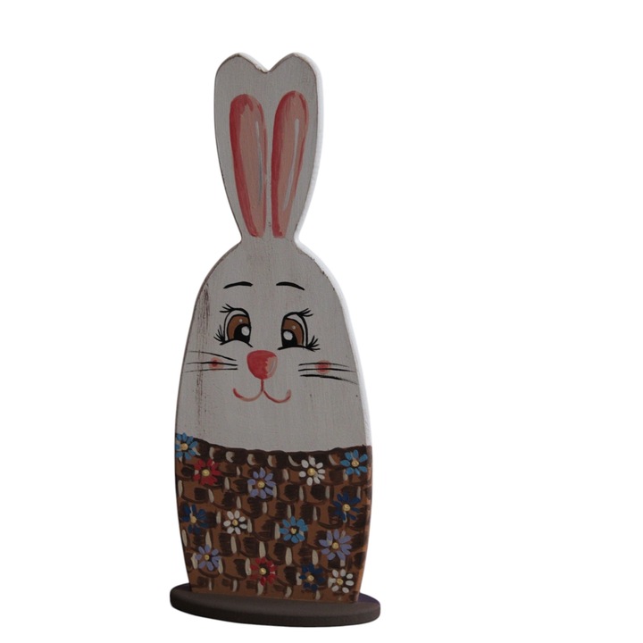 Decoratiune de Paste Iepuras cu flori, din lemn, pictat manual, multicolor, inaltime 34 cm
