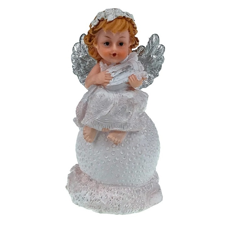 Gyanta angyal hangszerekkel, műanyag földgömbön lámpával 7x14 cm M2