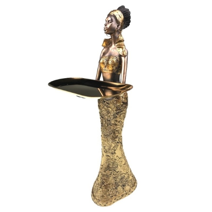 Statueta din rasina in forma de fata africana cu tava metalica.23x46 cm