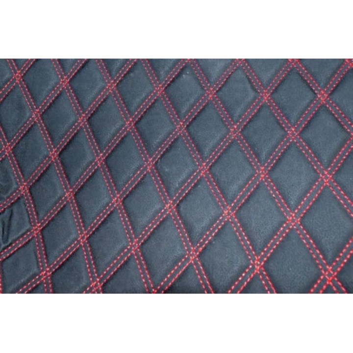 Műbőr anyag, rombusz kárpitozás autószőnyegekhez, méretek 1x1,4 m, fekete szín és piros varrások