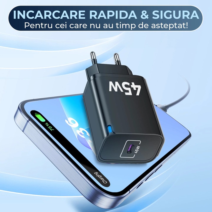 Зарядно за мрежа Timebox, 45W бързо зареждане, с 1 порт Type-C – Бързо зареждане за iPhone, Samsung, Huawei, Xiaomi, универсална съвместимост, компактен дизайн и издръжлива конструкция, черно