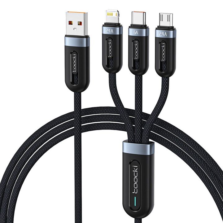 Töltőkábel 3 az 1-ben Toocki, 66W, gyors töltés, 1.2m, USB, USB-C, Lighting, kompatibilis iPhone, Samsung, Huawei, Fekete