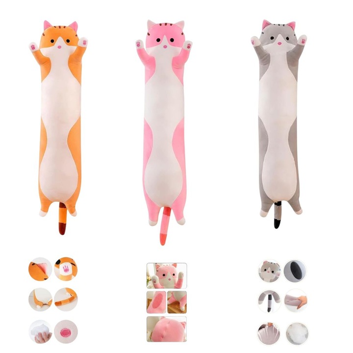 Set 3 Jucarii de Plus pisici, Tip Perna, Umplutura Hipoalergenica, 50 cm, Culoare Multicolor, Impact Vision®