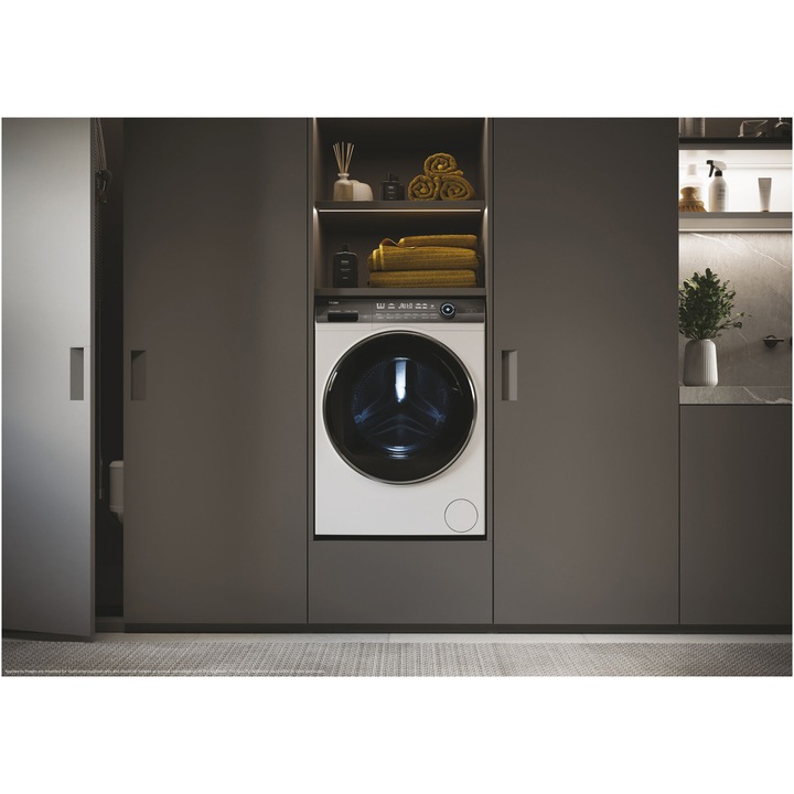 Masina de spalat rufe Haier HW90-BD14979EUGS, 9 kg, 1400 rpm, Clasa A, Motor Direct Motion, Conectivitate WiFi/ hOn app, ABT, Refresh, Anti-Crease, Autodose, Smart Dual Spray, DrumLight, Alb